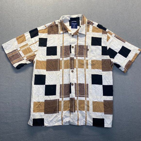 Trust Men's Button Up Shirt Color Block Brown Linen Short Sleeve Size XL Linen - Picture 9 of 9